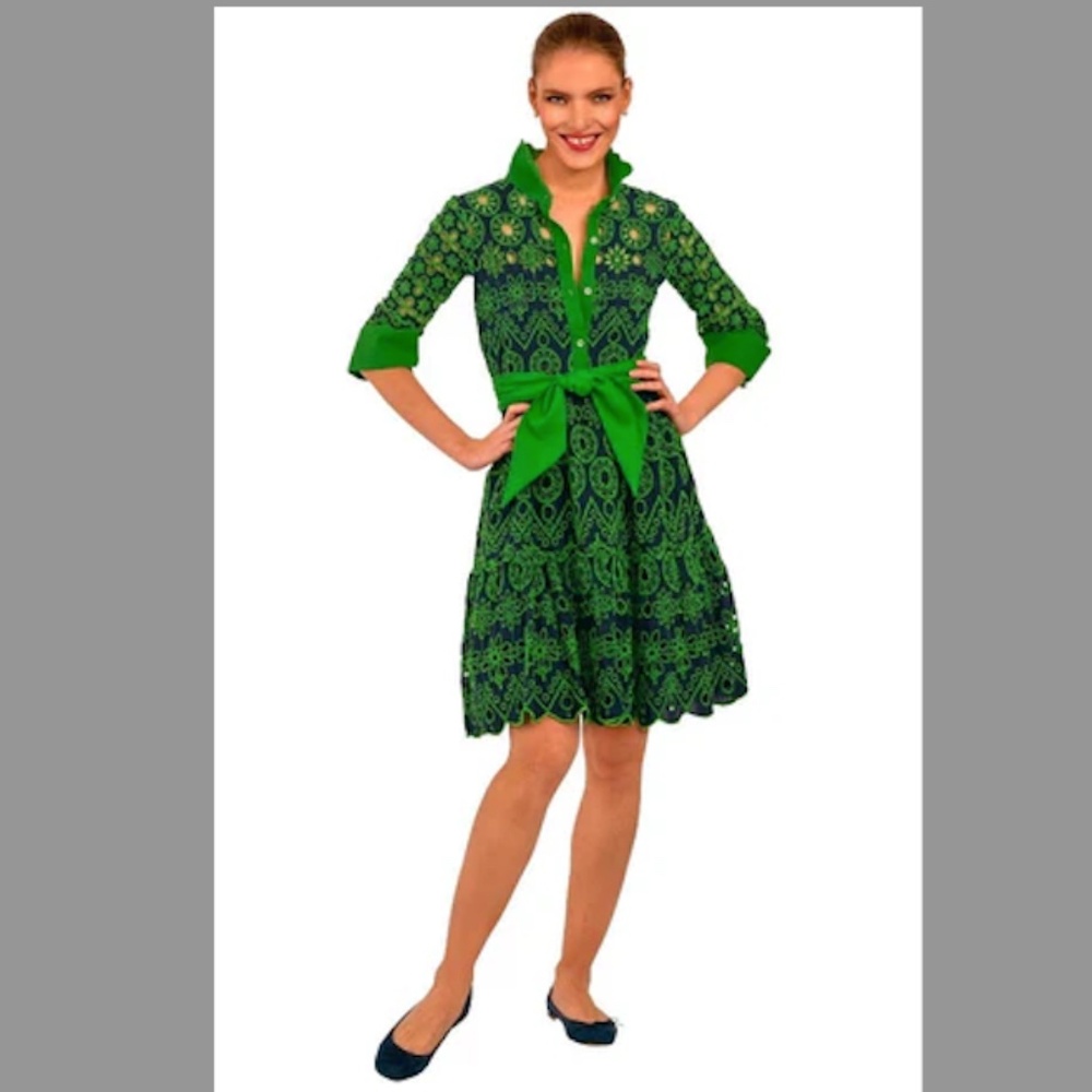 Gretchen Scott Designs Little Bo Peep Kelly Green and Navy Eyelet Dress